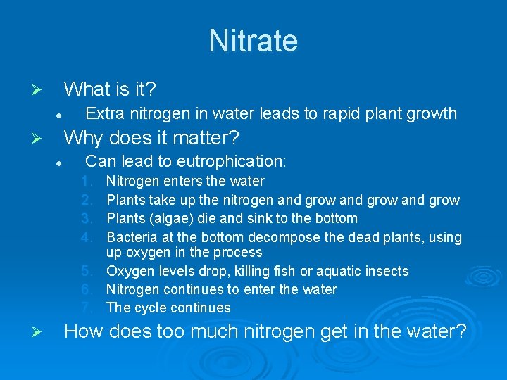 Nitrate What is it? Ø l Extra nitrogen in water leads to rapid plant