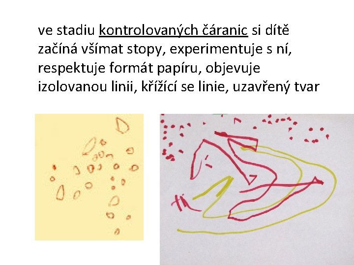 ve stadiu kontrolovaných čáranic si dítě začíná všímat stopy, experimentuje s ní, respektuje formát