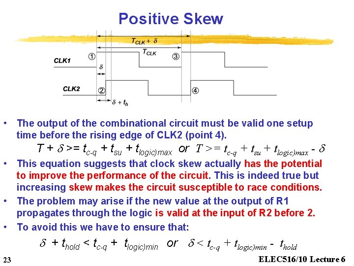 Positive Skew • The output of the combinational circuit must be valid one setup