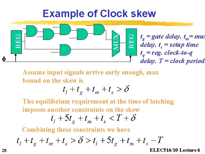 REG MUX REG Example of Clock skew f tg = gate delay, tm= mux