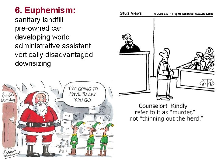 6. Euphemism: sanitary landfill pre-owned car developing world administrative assistant vertically disadvantaged downsizing 