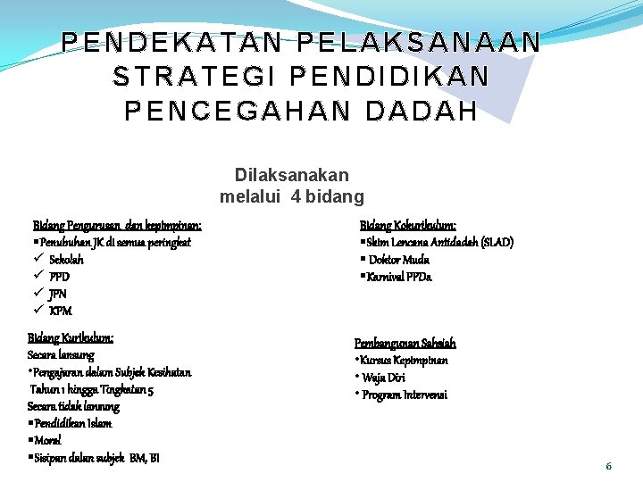 PENDEKATAN PELAKSANAAN STRATEGI PENDIDIKAN PENCEGAHAN DADAH Dilaksanakan melalui 4 bidang Bidang Pengurusan dan kepimpinan: PENDEKATAN PELAKSANAAN STRATEGI PENDIDIKAN PENCEGAHAN DADAH Dilaksanakan melalui 4 bidang Bidang Pengurusan dan kepimpinan: