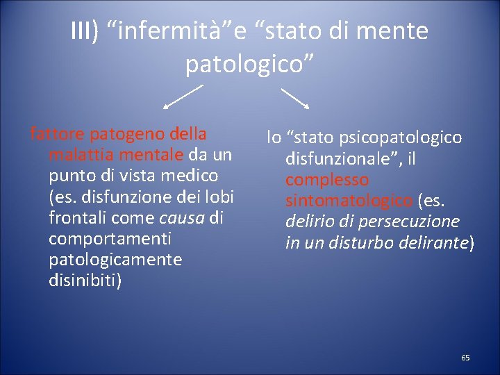 III) “infermità”e “stato di mente patologico” fattore patogeno della malattia mentale da un punto