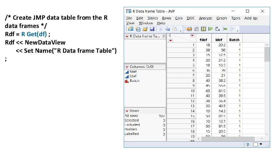/* Create JMP data table from the R data frames */ Rdf = R