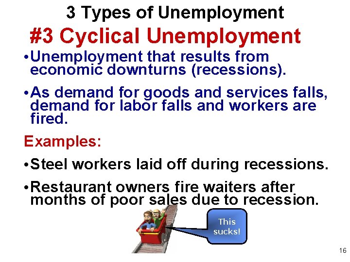 3 Types of Unemployment #3 Cyclical Unemployment • Unemployment that results from economic downturns