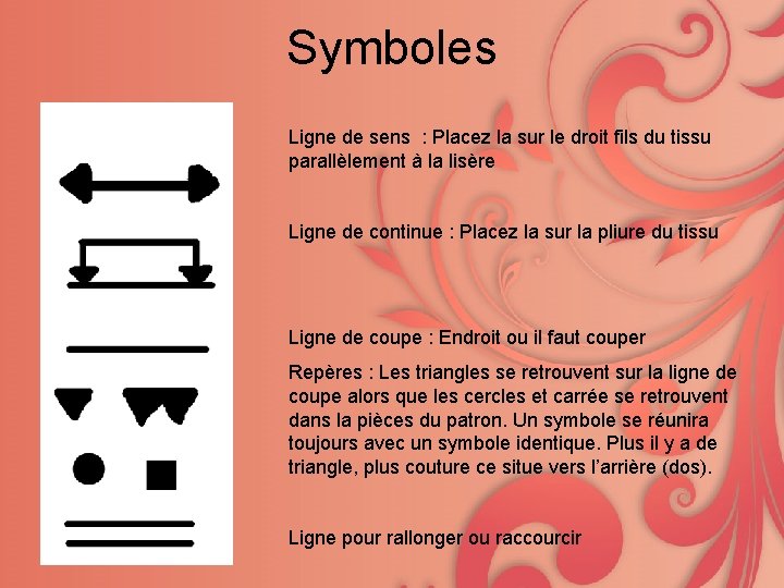 Symboles Ligne de sens : Placez la sur le droit fils du tissu parallèlement