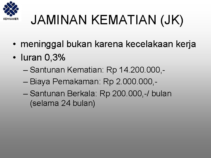  JAMINAN KEMATIAN (JK) • meninggal bukan karena kecelakaan kerja • Iuran 0, 3%