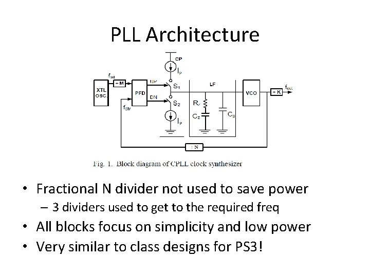 PLL Architecture • Fractional N divider not used to save power – 3 dividers