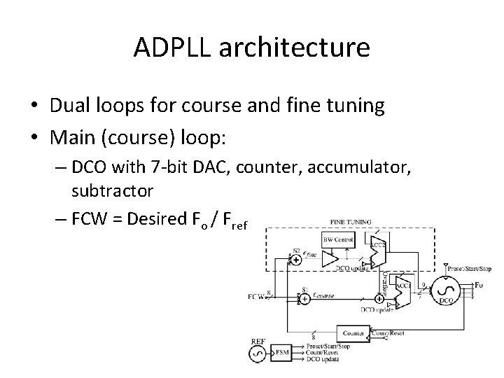 ADPLL architecture • Dual loops for course and fine tuning • Main (course) loop: