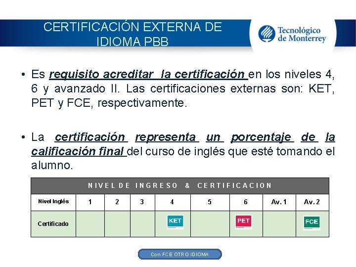 CERTIFICACIÓN EXTERNA DE IDIOMA PBB • Es requisito acreditar la certificación en los niveles