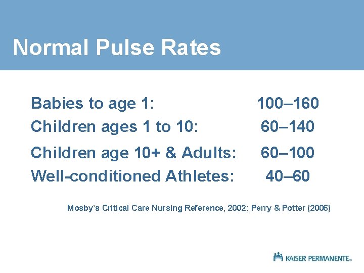 Normal Pulse Rates Babies to age 1: Children ages 1 to 10: 100– 160