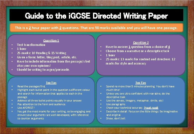 Guide to the i. GCSE Directed Writing Paper This is a 2 hour paper