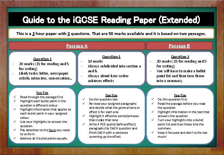 Guide to the i. GCSE Reading Paper (Extended) This is a 2 hour paper