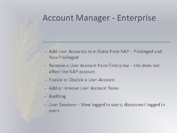 Account Manager - Enterprise – Add User Accounts to e-ISuite from NAP – Privileged