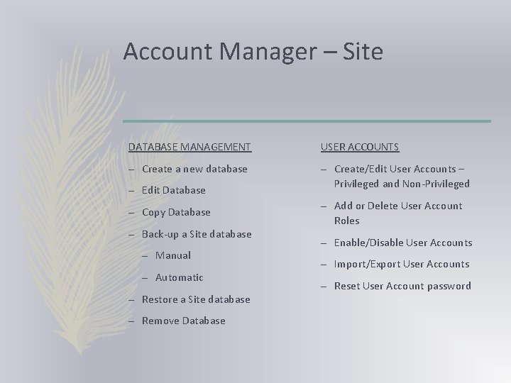 Account Manager – Site DATABASE MANAGEMENT USER ACCOUNTS – Create a new database –