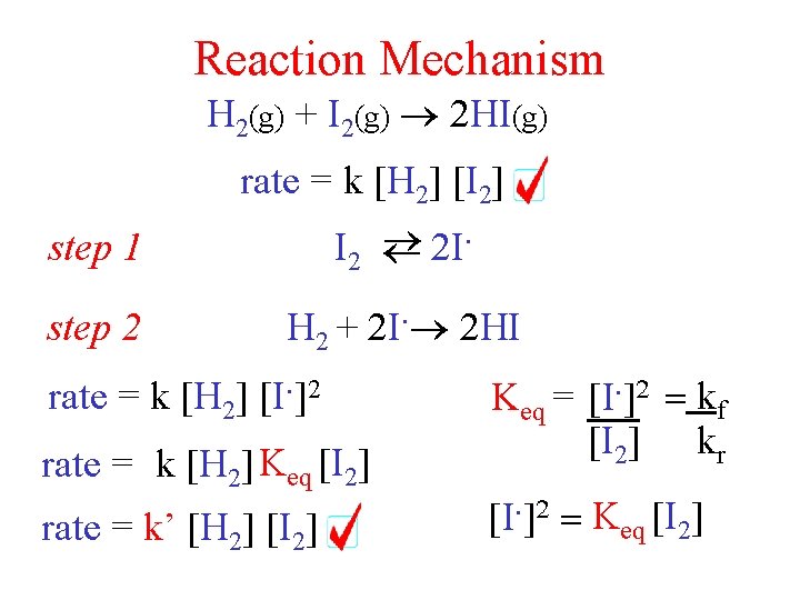 Reaction Mechanism H 2(g) + I 2(g) 2 HI(g) step 2 step 1 rate Reaction Mechanism H 2(g) + I 2(g) 2 HI(g) step 2 step 1 rate