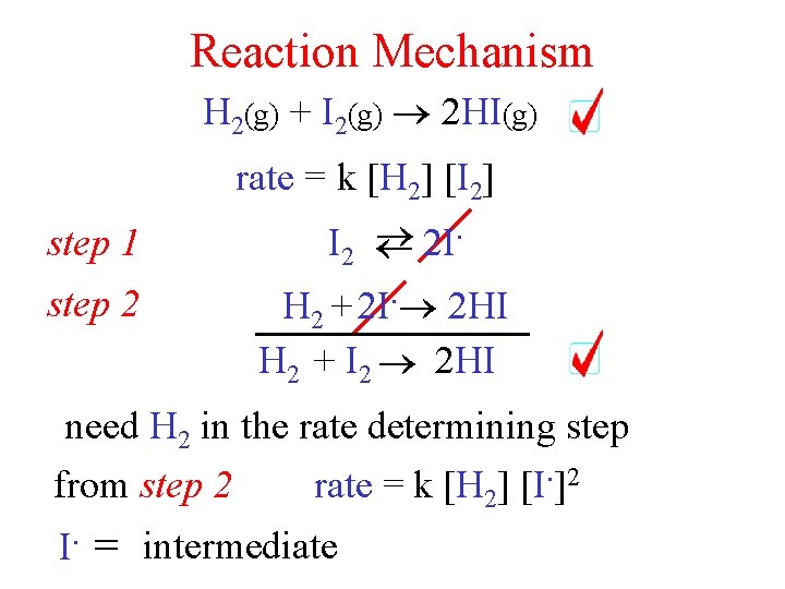 Reaction Mechanism H 2(g) + I 2(g) 2 HI(g) step 2 step 1 rate Reaction Mechanism H 2(g) + I 2(g) 2 HI(g) step 2 step 1 rate