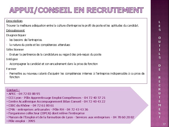 APPUI/CONSEIL EN RECRUTEMENT Description Trouver la meilleure adéquation entre la culture d’entreprise le profil