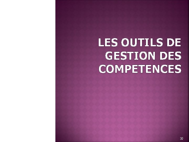 LES OUTILS DE GESTION DES COMPETENCES 30 