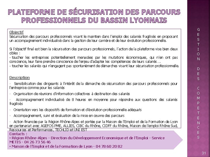 PLATEFORME DE SÉCURISATION DES PARCOURS PROFESSIONNELS DU BASSIN LYONNAIS Objectif Sécurisation des parcours professionnels