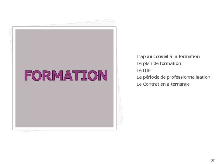 FORMATION L’appui conseil à la formation Le plan de formation Le DIF La période