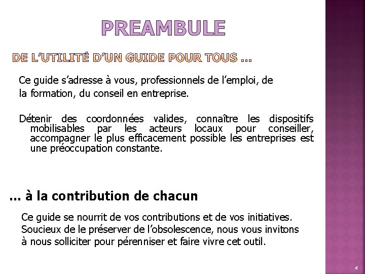 PREAMBULE Ce guide s’adresse à vous, professionnels de l’emploi, de la formation, du conseil