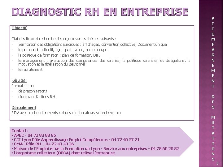 DIAGNOSTIC RH EN ENTREPRISE Objectif Etat des lieux et recherche des enjeux sur les