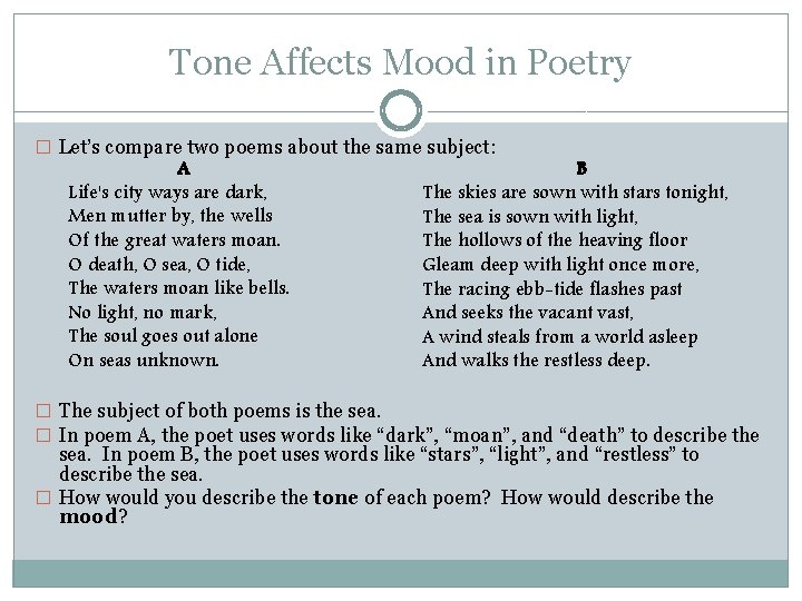 Tone Affects Mood in Poetry � Let’s compare two poems about the same subject: