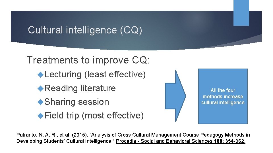 Cultural intelligence (CQ) Treatments to improve CQ: Lecturing Reading Sharing Field (least effective) literature