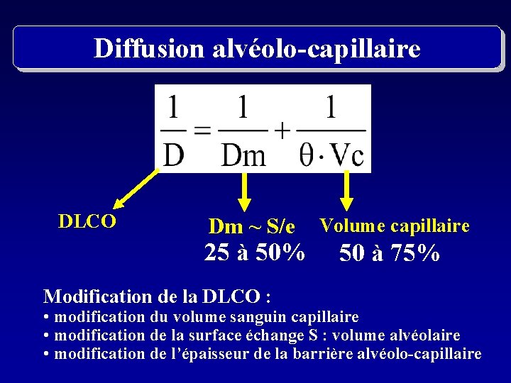 Diffusion alvéolo-capillaire DLCO Dm ~ S/e 25 à 50% Modification de la DLCO :