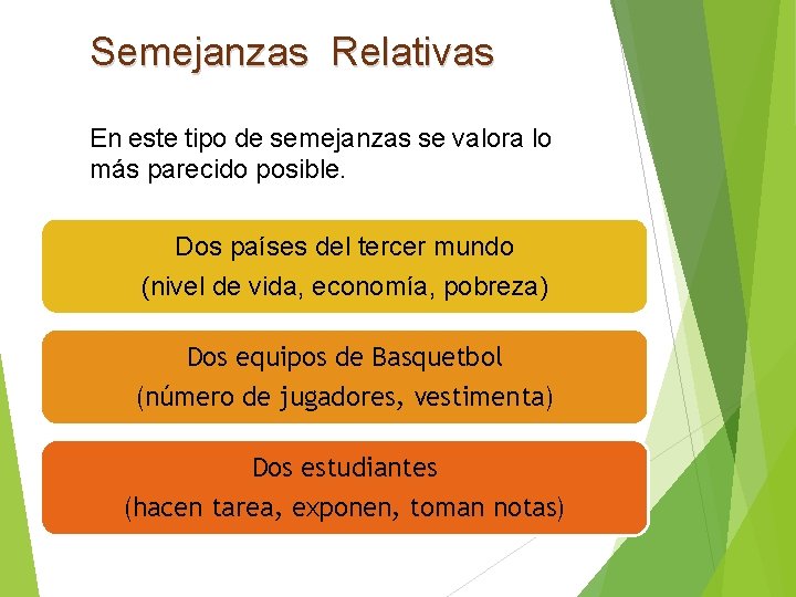 Semejanzas Relativas En este tipo de semejanzas se valora lo más parecido posible. Dos