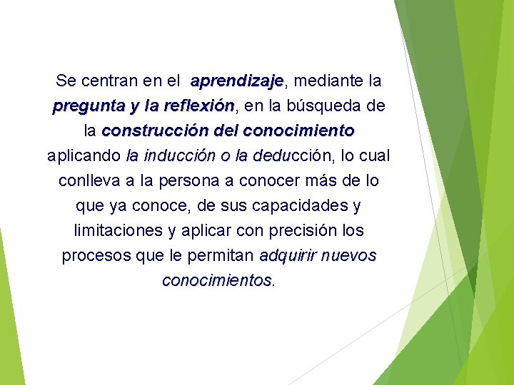 Se centran en el aprendizaje, aprendizaje mediante la pregunta y la reflexión, reflexión en