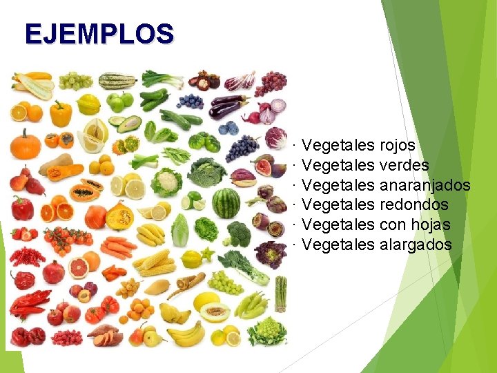 EJEMPLOS · Vegetales rojos · Vegetales verdes · Vegetales anaranjados · Vegetales redondos ·