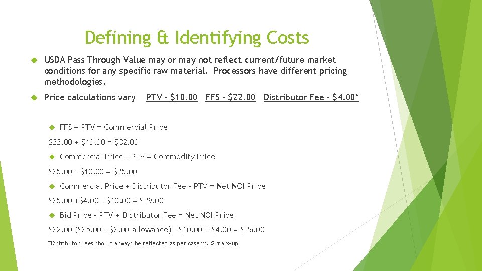 Defining & Identifying Costs USDA Pass Through Value may or may not reflect current/future