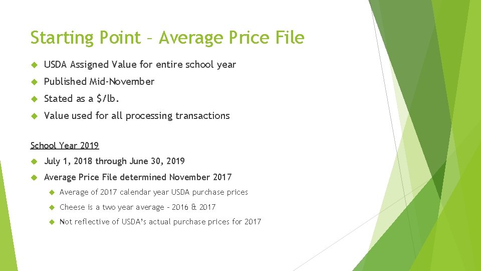 Starting Point – Average Price File USDA Assigned Value for entire school year Published