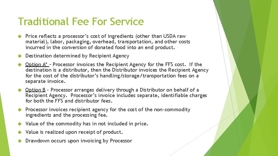 Traditional Fee For Service Price reflects a processor’s cost of ingredients (other than USDA