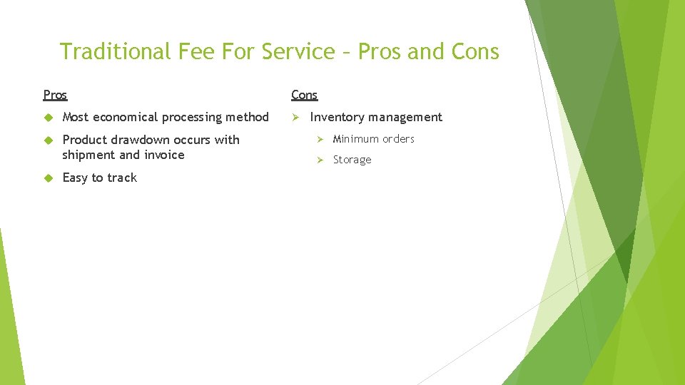 Traditional Fee For Service – Pros and Cons Pros Most economical processing method Product
