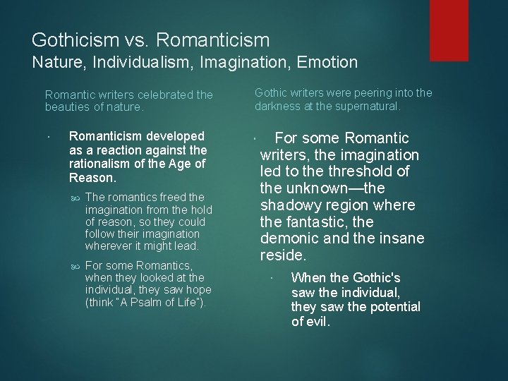 Gothicism vs. Romanticism Nature, Individualism, Imagination, Emotion Romantic writers celebrated the beauties of nature. Gothicism vs. Romanticism Nature, Individualism, Imagination, Emotion Romantic writers celebrated the beauties of nature.