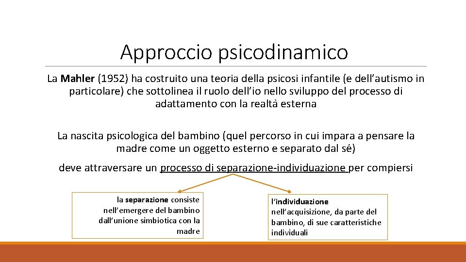 Approccio psicodinamico La Mahler (1952) ha costruito una teoria della psicosi infantile (e dell’autismo