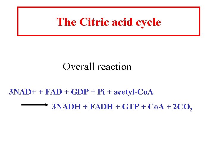 The Citric acid cycle Overall reaction 3 NAD+ + FAD + GDP + Pi