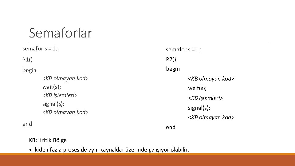 Semaforlar semafor s = 1; P 1() P 2() begin <KB olmayan kod> wait(s);