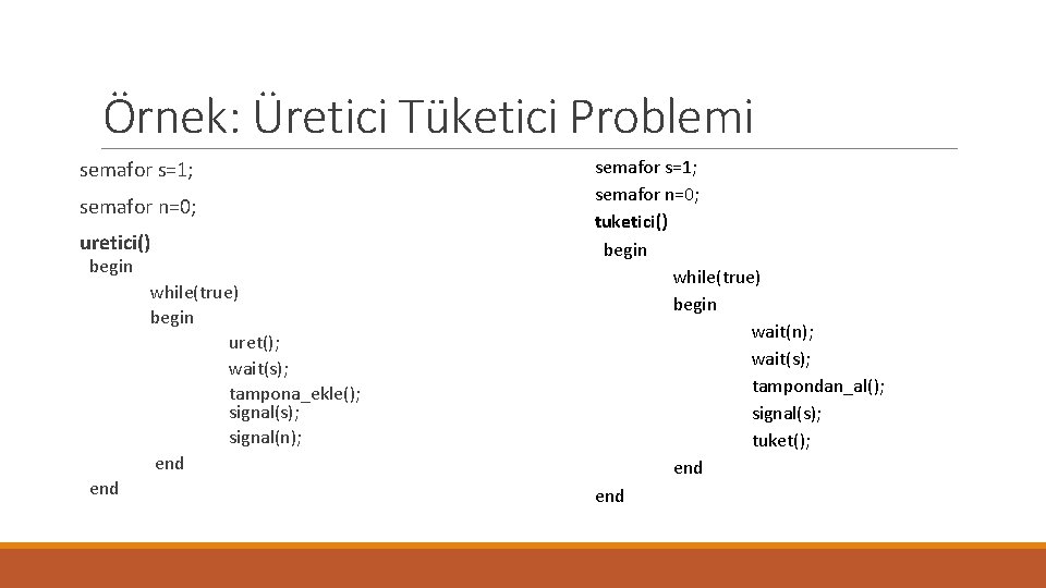 Örnek: Üretici Tüketici Problemi semafor s=1; semafor n=0; uretici() begin while(true) begin uret(); wait(s);