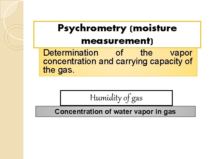 Psychrometry (moisture measurement) Determination of the vapor concentration and carrying capacity of the gas.