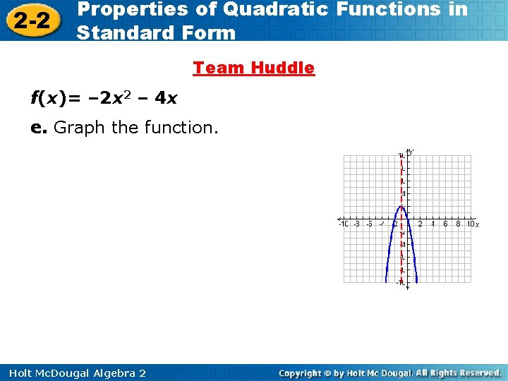 2 -2 Properties of Quadratic Functions in Standard Form Team Huddle f(x)= – 2