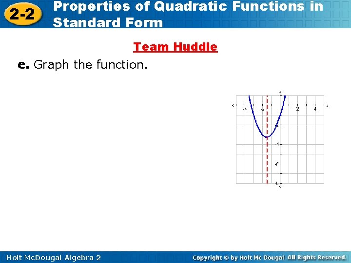 2 -2 Properties of Quadratic Functions in Standard Form Team Huddle e. Graph the