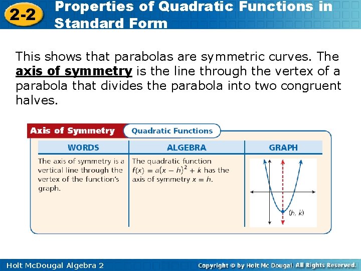 2 -2 Properties of Quadratic Functions in Standard Form This shows that parabolas are