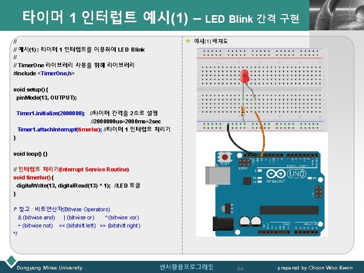 타이머 1 인터럽트 예시(1) – LED Blink 간격 구현 LOGO v 예시(1) 배치도 //