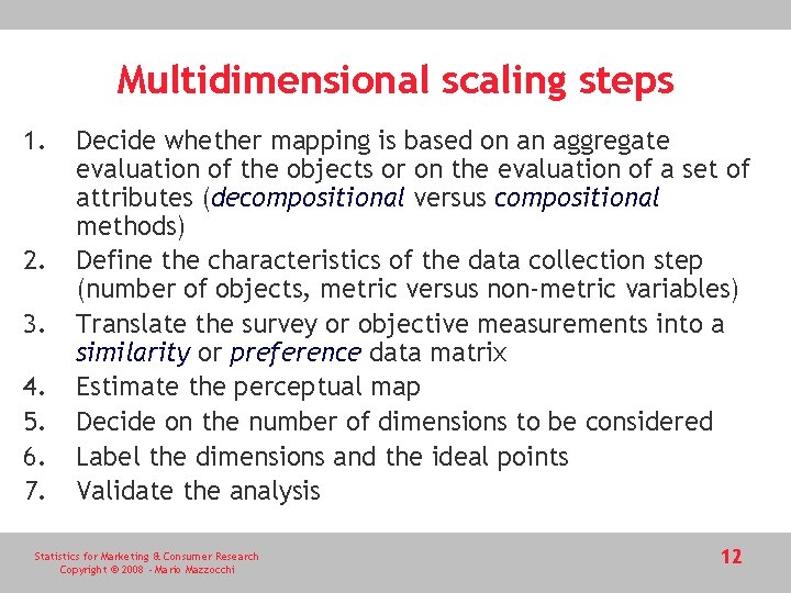 Multidimensional scaling steps 1. 2. 3. 4. 5. 6. 7. Decide whether mapping is
