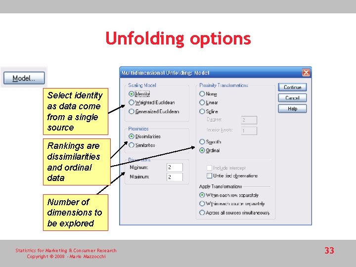 Unfolding options Select identity as data come from a single source Rankings are dissimilarities