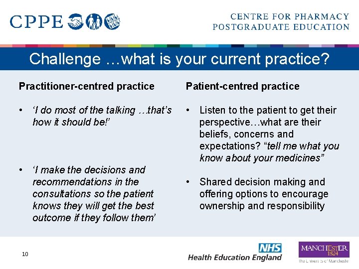 Challenge …what is your current practice? Practitioner-centred practice Patient-centred practice • ‘I do most